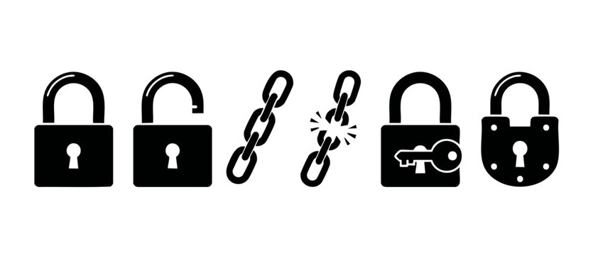 Padlock and Chain Icon Set, Security Symbols for Data Protection and Access Control, Minimalist Black Flat Vector Graphic Design Elements for Web Interface and Cybersecurity Concepts on White Backgrou