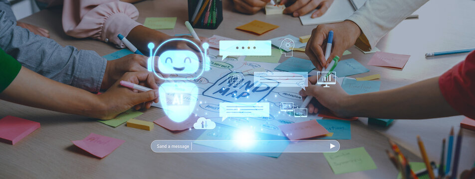 A dynamic team collaborates in a brainstorming session, utilizing colorful sticky notes and a digital chatbot, showcasing creativity and modern technology in action. Trope