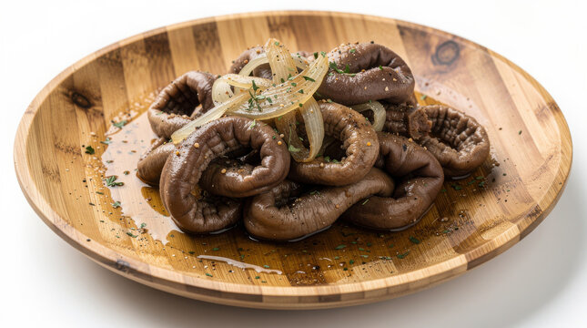 Chitterlings on Bamboo Plate 35 Degree Angle Isolated on White Background Studio Shot