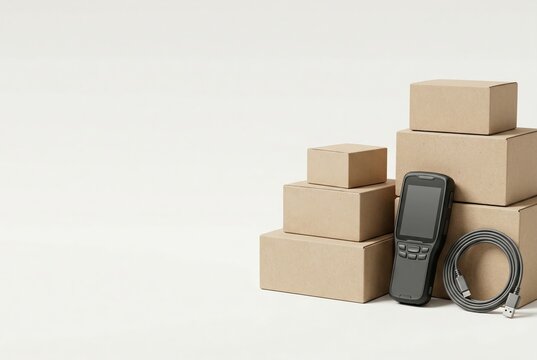 Object only hero of neutral cardboard parcels with blank handheld device
