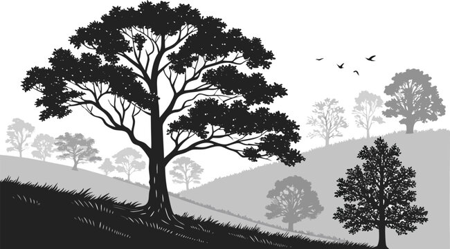 Layered Forest Landscape Black and White Vector with Tree Seamless Nature Pattern Background