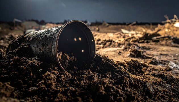 A heavily pitted and weathered metal casing lies partially buried in a mound of dark mud, representing a mysterious abandoned artifact forgotten within a rugged and desolate outdoor landscape.