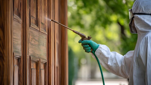 Landscape ultra-realistic close-up of a painter applying a clean white coat outdoors, white suit, red spray gun, green hose, sunlight, visible grain transition