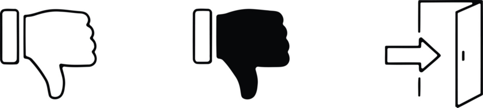 Three minimalist icons a disapproving hand silhouette and exit arrow