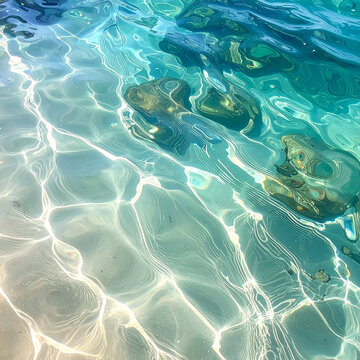 Crystal clear turquoise ocean water with underwater rocks