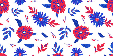 Naklejka premium patriotic floral seamless pattern with red and blue flowers and berries on white background hand drawn botanical texture for independence day