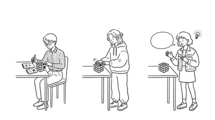 Fototapeta premium Engaging with Puzzles and Challenges Illustrated in Line Art Style