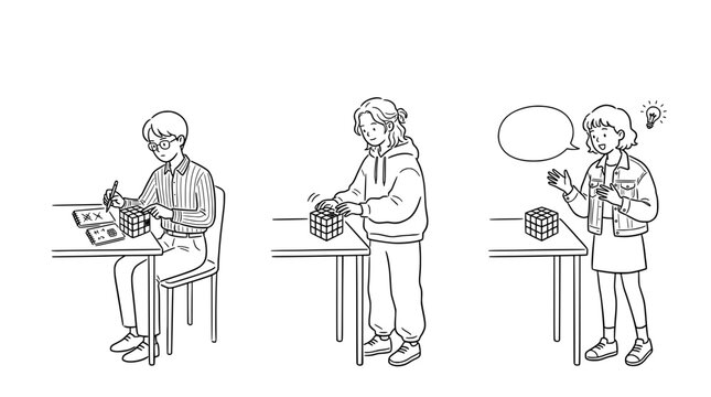 Engaging with Puzzles and Challenges Illustrated in Line Art Style