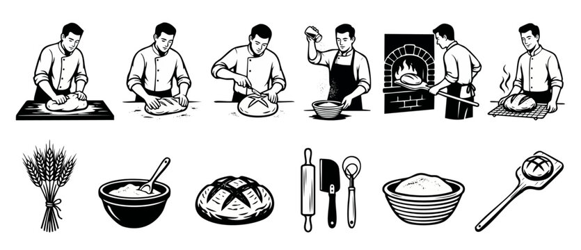 Baker making bread illustration set, professional chef kneading dough and baking sourdough in brick oven, vector collection of bakery tools, wheat stalks, bowls and utensils for artisanal bread making