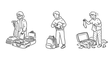 Obraz premium Three diverse characters packing for travel, highlighting personal journeys.