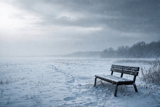 A snow-covered bench in an empty winter field. Space for text.