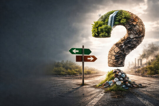 A big question mark between nature and pollution. Space for text.
