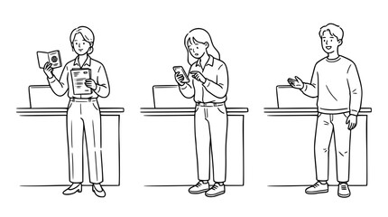 Fototapeta premium Character Engagement in Professional Setting Illustrated in Line Art
