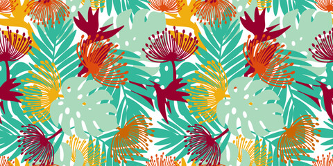 seamless hawaiian tropical pattern with exotic lehua flowers and monstera leaves on white background for textile apparel and summer wallpaper © pani_Nadichka