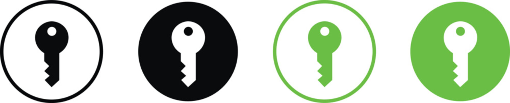 Four different keys in circles on white background