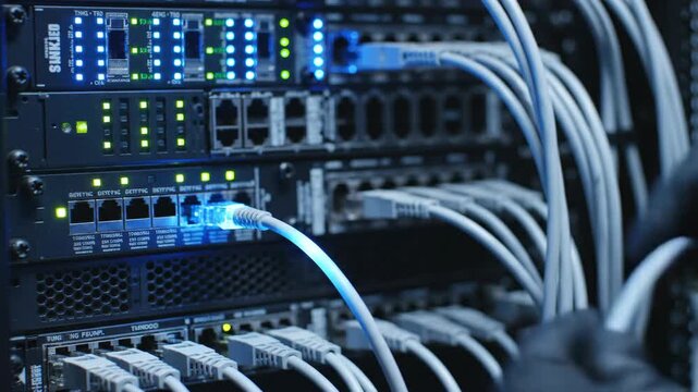 hands in black gloves plugging ethernet cable into server switch. network engineer working in data center with blue lights. cybersecurity maintenance, internet connection. digital infrastructure.