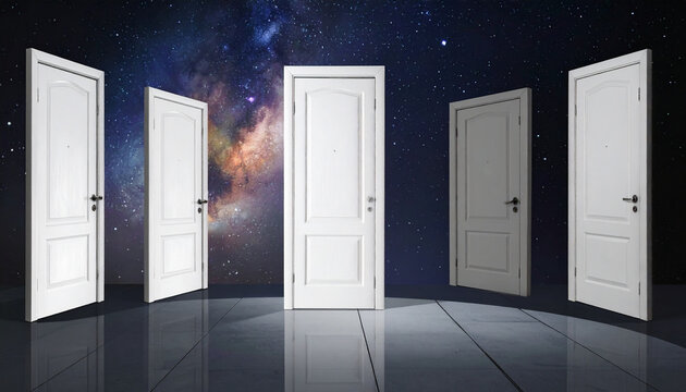 Five white doors open to a colorful galaxy and starry sky