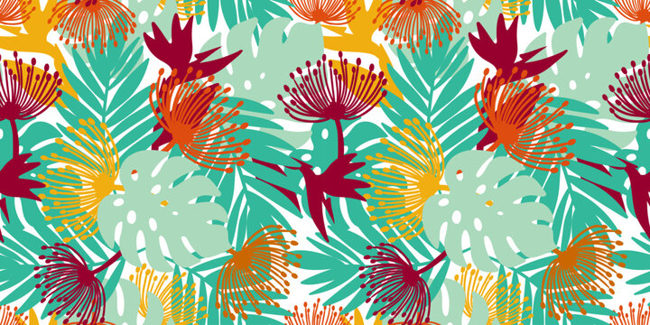seamless hawaiian tropical pattern with exotic lehua flowers and monstera leaves on white background for textile apparel and summer wallpaper
