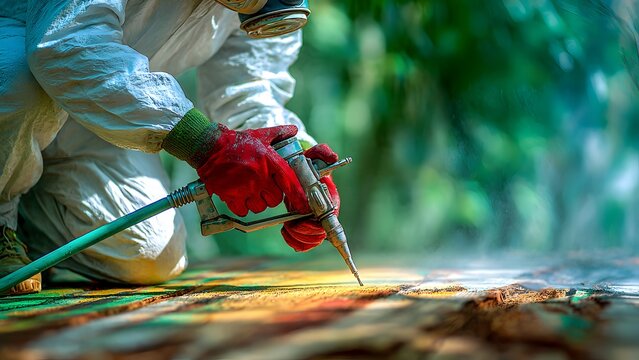 Ultra-realistic close-up of a repairman&rsquo;s hand using a spray gun on diagonal metal panels, blue mist, cool workshop blur, and cinematic light