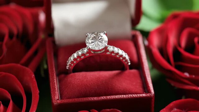 luxury engagement ring in a ring box surronded by red roses animation