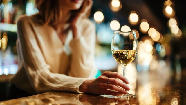 elegant woman sits at the bar with a glass of white wine in her hand animation