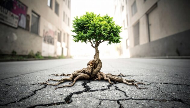 A resilient green tree growing through fractured pavement in an urban street, representing the strength of nature over manmade structures and constant environmental persistence.