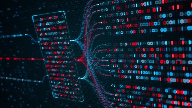 Big Data Analytics, Neural Network Data Flow Visualization, AI Machine Learning, Quantum Computing, Binary Code Digital Grid of Ones and Zeros, Artificial Intelligence Technology Abstract Background