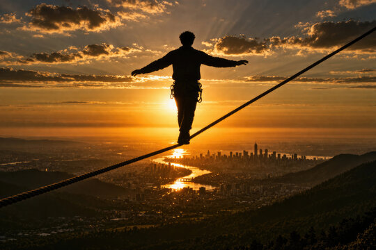 Silhouette of a man on a tightrope over the city at sunset.