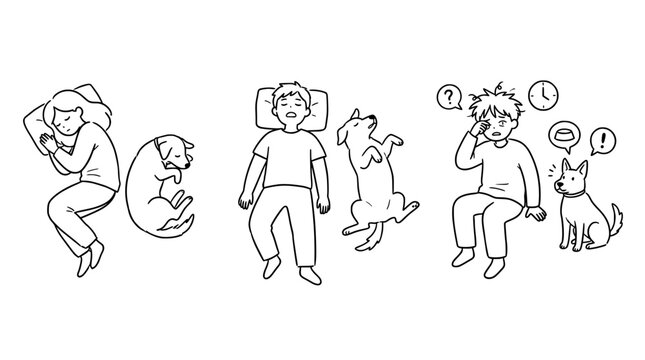 Illustrated bedtime scenes with a dog in playful and relaxed poses.