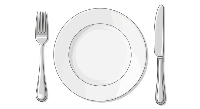 Empty plate with fork and knife, ready for meal, isolated on white background