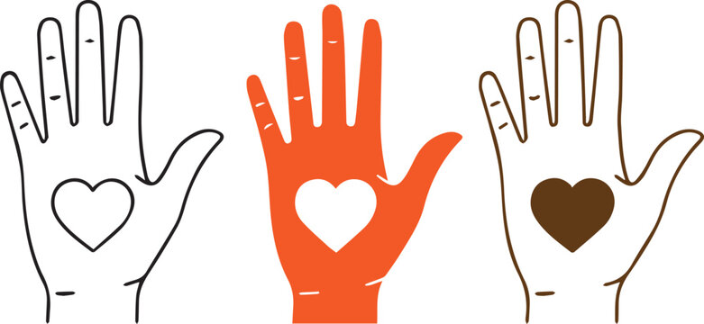 Hand with heart icon set, love care gesture symbols in outline and solid style, compassion concept minimal vector illustration