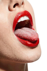 Obraz premium Close-up of Woman's Mouth with Red Lipstick and Tongue Out, White Background