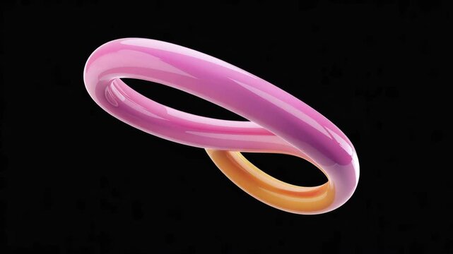 Abstract 3D torus with pink and orange gradient, glossy liquid ring floating on black background, minimalist geometric shape with smooth plastic texture, modern aesthetic motion graphic