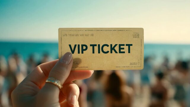 hand hold vip ticket on beach party background animation