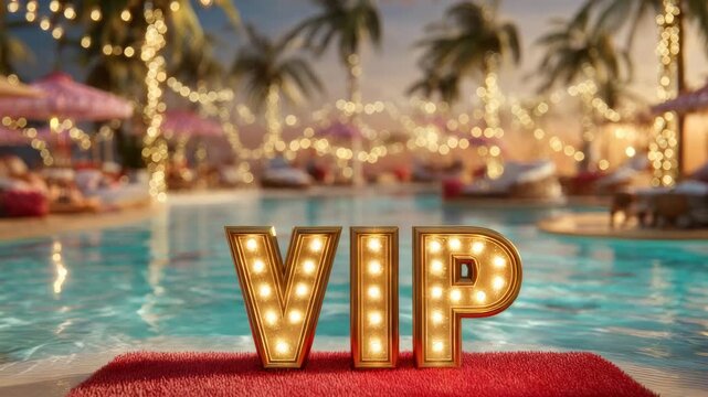 golden vip sign on luxury pool background decorated with lights animation