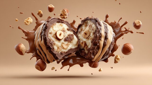 Rich chocolate ice cream splits mid-air, splashing dramatically. Hazelnuts scatter around, adding crunch and texture. Smooth caramel swirls flow beneath the creamy swirl. The image captures indulgence