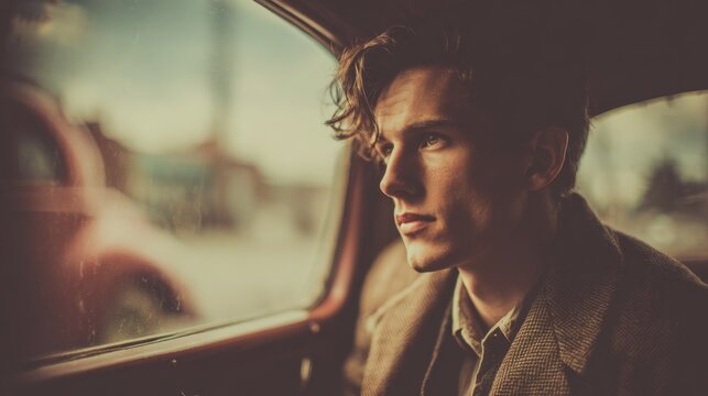 Young man gazes thoughtfully out car window. Soft light casts warm tones over his face. His expression suggests quiet contemplation. Vintage car interior hints at a journey or pause