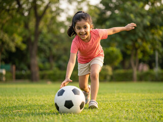 Naklejka premium young indian girl running toward football in lush green park with joyful expression representing sports fitness and childhood fun concept