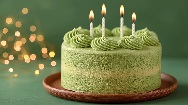 Green birthday cake with decorative frosting and four lit candles on a wooden plate, soft bokeh lights in the background creating a festive atmosphere