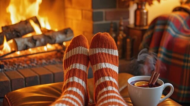 Closeup feet in striped wool socks rest on a leather ottoman by a roaring fireplace. A steaming mug of mulled wine with cinnamon and orange sits nearby. Cozy and peaceful autumn evening at home
