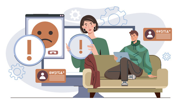 Man suffer from cyber bullying. Young guy sits and reads insults on social media. Mental and psychological problems. Harassment and criticism in comments. Flat vector illustration