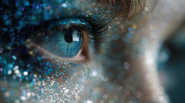 An eye is focused on bright digital patterns and glittering details. The close up shows the connection between technology and human creativity during a unique artistic activity
