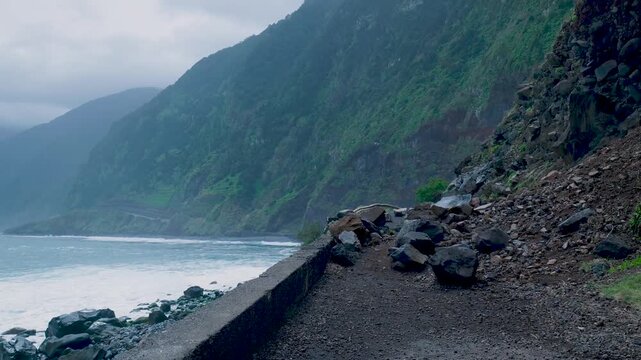 Dangerous landslide blocking an old coastal road in madeira
