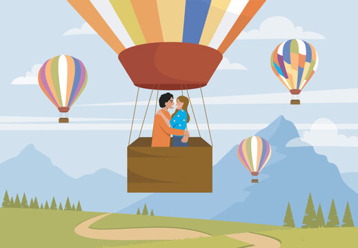 Couple in hot air balloon. Man and woman hugs and kissing inside air balloon. Romantic travel and trips. Love and romance. Boyfriend and girlfriend. Flat vector illustration