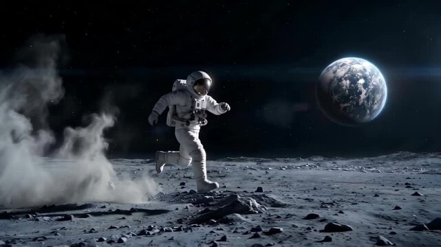 An astronaut jumps through lunar dust with reflective helmet in starfilled black cosmos
