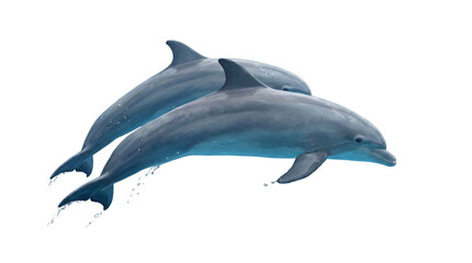 Fototapeta premium Two graceful dolphins burst from the ocean in a synchronized leap, embodying marine freedom and the elegant beauty of aquatic life against a pristine backdrop
