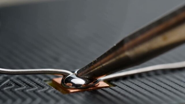 Close-up of soldering iron applying heat to copper pad and wire, melting solder to create a secure electrical connection on a textured black surface