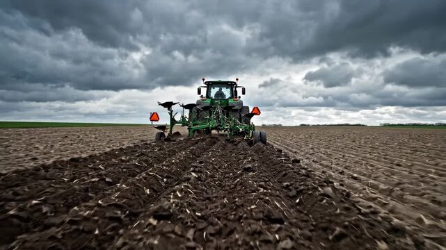 Tractor Plowing Field Under Stormy Sky - Agriculture and Farming.
