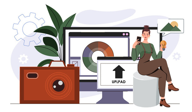 Image upload concept. Woman uploading pictures on internet. Electronic archive and storage, cloud service. Digital document online. Flat vector illustration