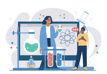 Fototapeta premium Online science tutoring. Woman and boy near atom structure and flasks with reagent. Laboratory experiments. Biology and Chemistry. Education and training. Flat vector illustration